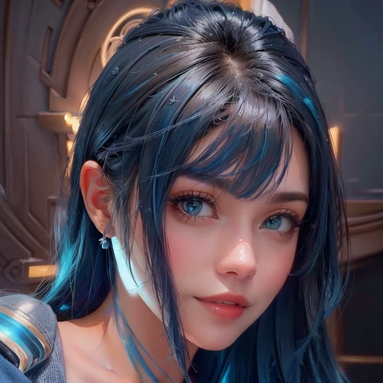 um close de uma mulher com cabelo azul e uma jaqueta azul, Estilo anime 4 k, estilo anime 3 d realista, Estilo anime. 8K, even model | digite germe, estilo de arte de anime realista, extremely detailed digite germe, obras de arte no estilo de guweiz, impressionante retrato de rosto de anime, estilo de arte anime realista, arte digital detalhada de anime