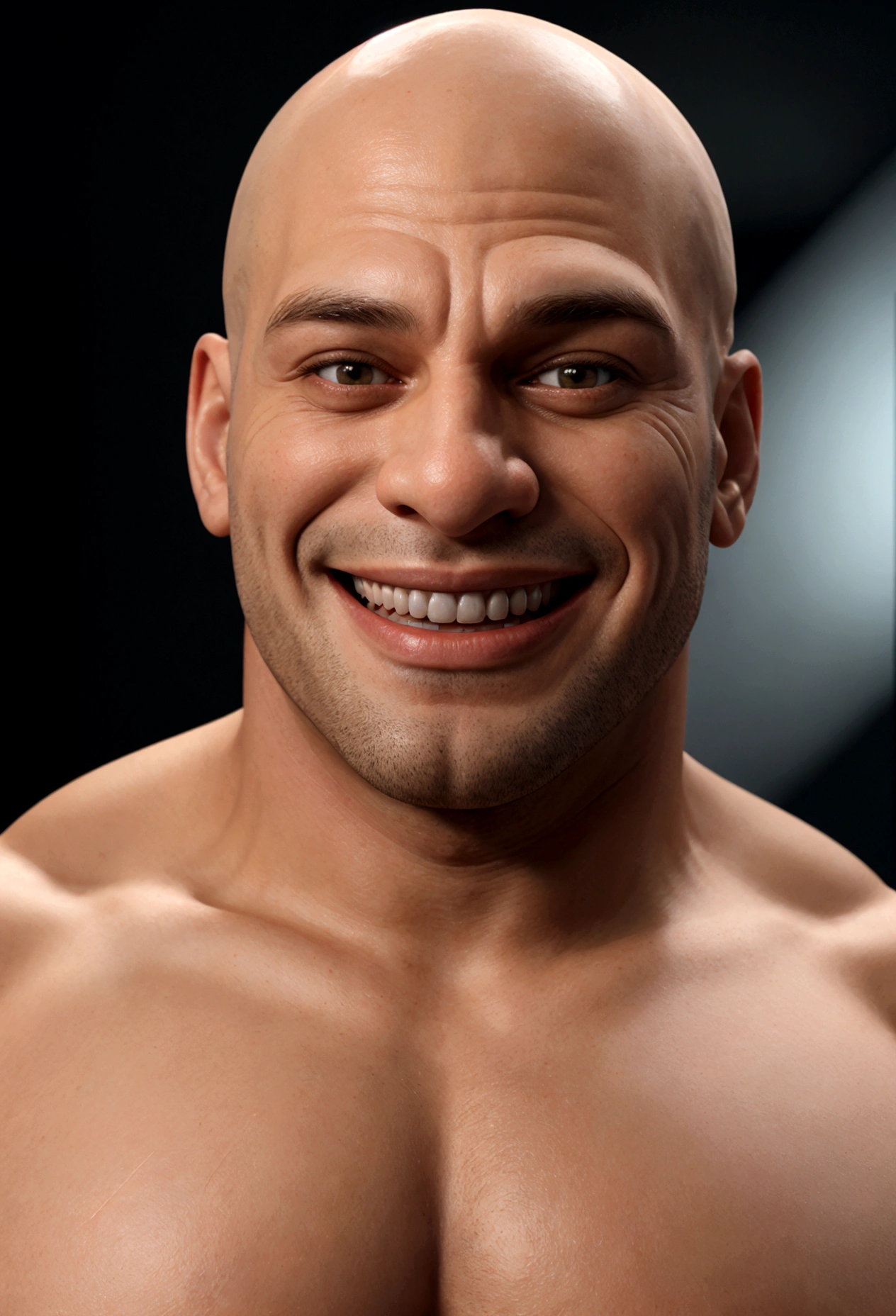 Illustration of smiling bald man, sorriso insano, Homem de pele marrom com um sorriso gigante, smiling happily at the camera, sorriso atrevido, he is smiling, sorriso muito grande, Macho sorridente, foto de perfil headshot, rindo sorriso enorme, desenhando no estilo de Arte 3D, c4d, fundo de cor branco puro, estilo disney, estilo pixar render ilustracao Super Detalhe, 8K