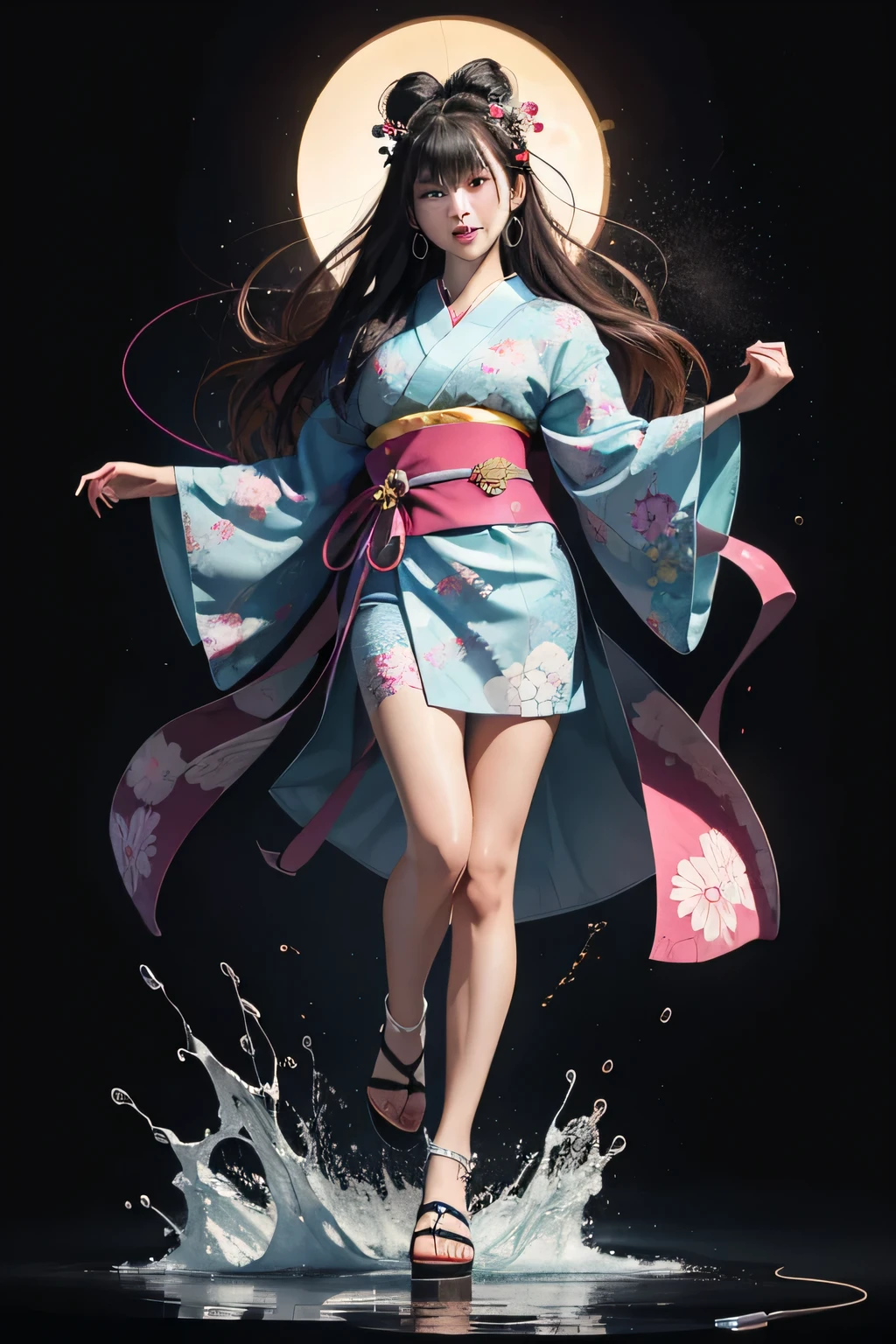 full body. beauty girl japanese kimono  in action realistic.head with many geometric artworks., colores neon glowing. splash grunge, distorsi. Baground abstrak, distord fractal, drippy effect, 