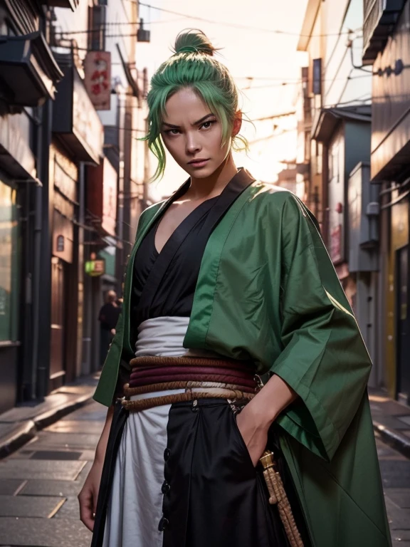 Create a realistic image of Roronoa Zoro from One Piece as a woman. She should have green hair styled like Zoro's, with a confident and fierce expression. Dress her in a modern outfit that includes a green sash and elements of traditional samurai clothing. She should have a muscular build and ((three japanese swords)), one in her hand and two at her waist. The background should blend a modern cityscape with traditional Japanese elements. Use dramatic lighting and shading to capture her intense persona.