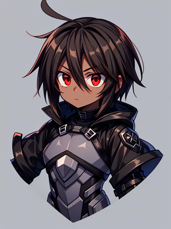 dark skin, male, (((short dark brown hair))), big red eyes and a very androgynous face, wearing a black exoskeleton bodysuit and a long black coat taimanin with sliver accent, black armoured taimanin_suit,