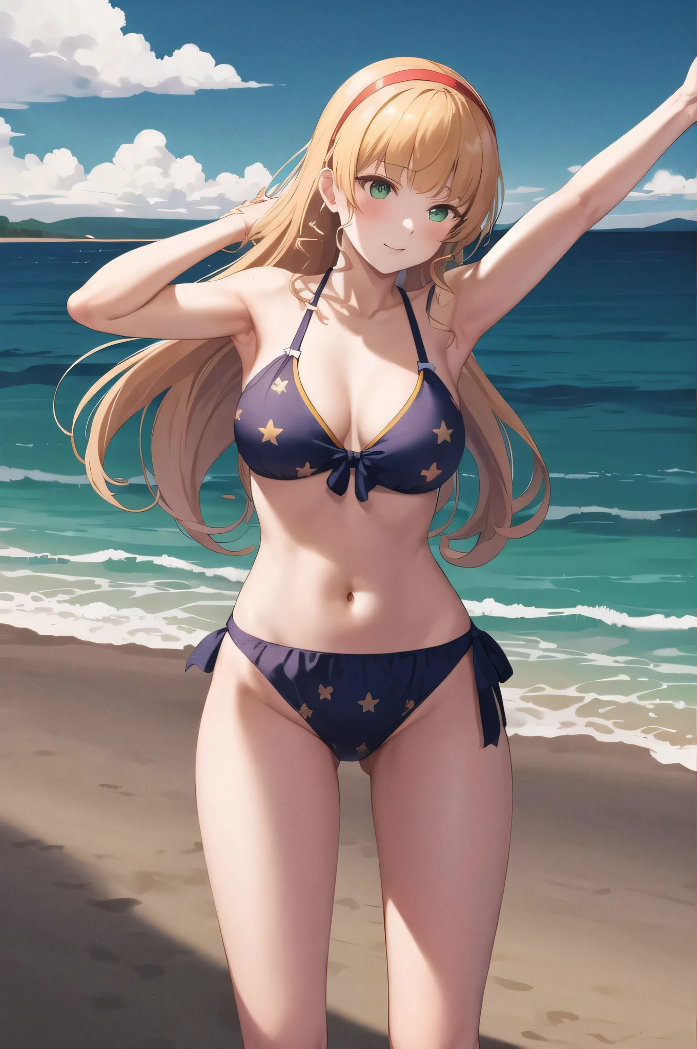 masterpiece, best quality, highres, sumire1, hairband, long hair, solo, , , red ribbon,bikini , medium breast, on the beach