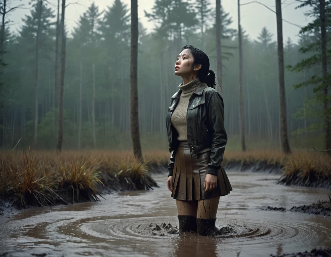 8k, ultra-detailed, documentary drama photo, arthouse, grainy film photo, side view, dynamic, masterpiece,muted colors, muffled light, dusk, rainy, moody, adrenaline, gloomy orgasm,detailed feminine face features, woman drowning in forest mud bog, shame expression, stockings, pencil skirt, light turtleneck sweater, faded leather jacket, beautiful long brunette hair,asian:0.5,