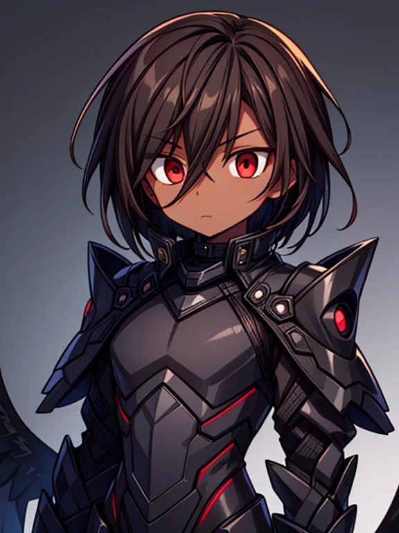 dark skin, male, (((short dark brown hair))), big red eyes and a very androgynous face, wearing a black exoskeleton bodysuit and a long black coat taimanin with sliver accent, black armoured taimanin_suit,