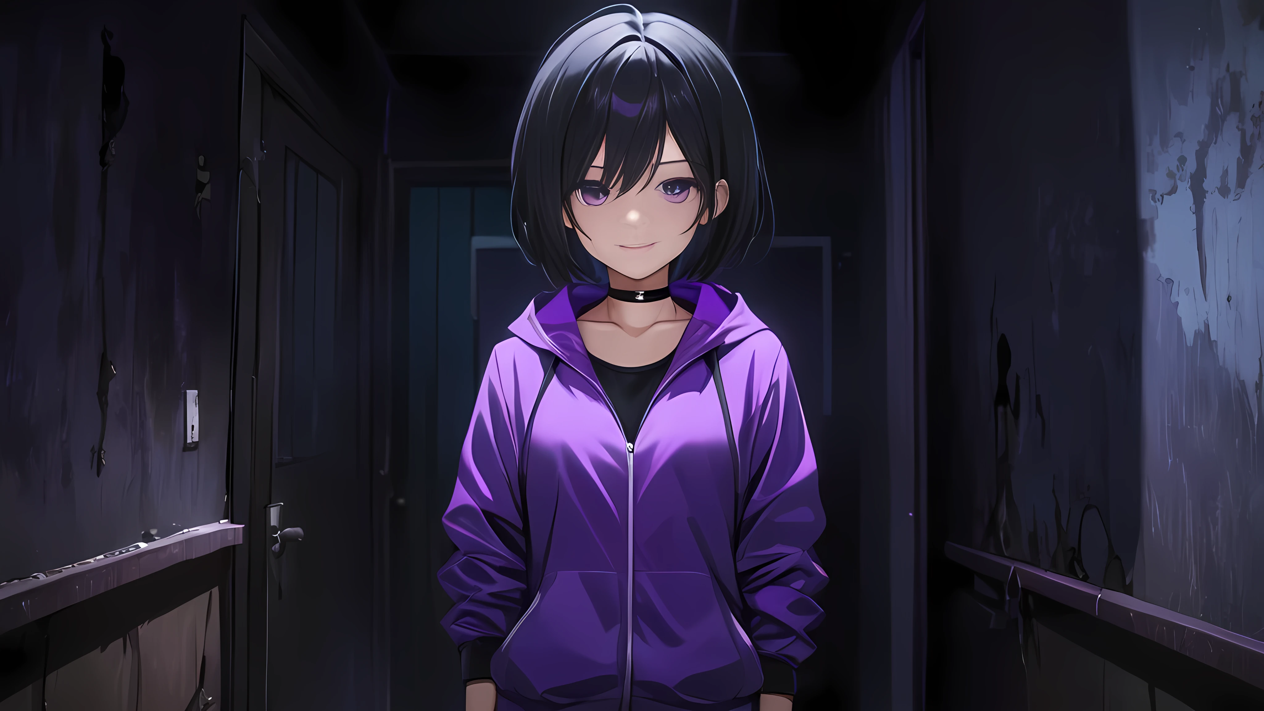 Tomboy Girl, Smart, Mature, Sexy, Short black hair, Black Plain chokers, purple pupil eyes, Wearing sleek black spandex under short purple jacket, Smile Intimidate, Confident, no fear, Stand, dark Pitch-black in the middle of the night with no moonlight room, abandoned mess horor room, midnight.