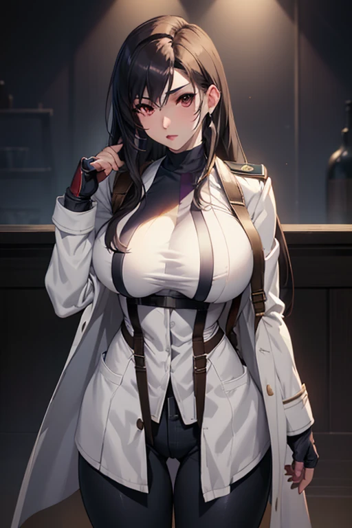 Tifa, ((masterpiece)), ((best quality)), (white long coat), coat on shoulders,white navy soldier uniform ,(epaulettes), purple shirt, blue pants, upper body, looking at viewer, large breasts ,(hd), (full body shot), (high resolution)