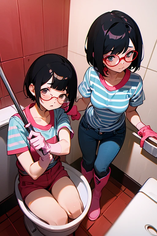 Two elementary school girls with black hair and glasses, wearing short-sleeved horizontal striped shirts, short pants and jeans, oversized pink rubber gloves and white rubber boots, and wearing red gym caps, cleaning the toilet at school
