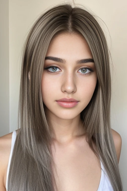 a 20-year-old girl with white skin and light brown eyes., labios llamativos y pelo corto color plateado