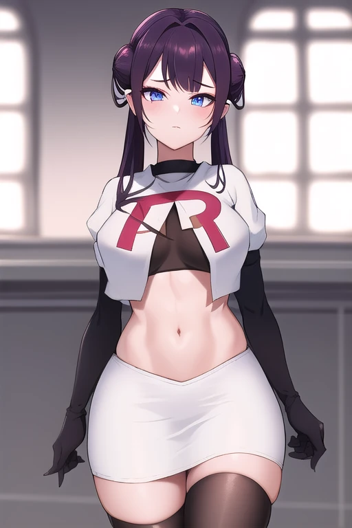 absurdres, best quality, androgynous, solo, looking at viewer,eye focus, TachibanaHinano, (short hair:0.75), medium breasts, (split-color hair), blue eyes, hairclip, (messy hair:1), choker, (earrings:0.1), (sidelocks)
BREAK
pink hair, (swept bangs:0.25), sidelocks
BREAK
(blunt bangs:1), (sidelocks:1.5), team rocket,team rocket uniform,white skirt,red letter R,crop top,black thigh-highs,black elbow gloves