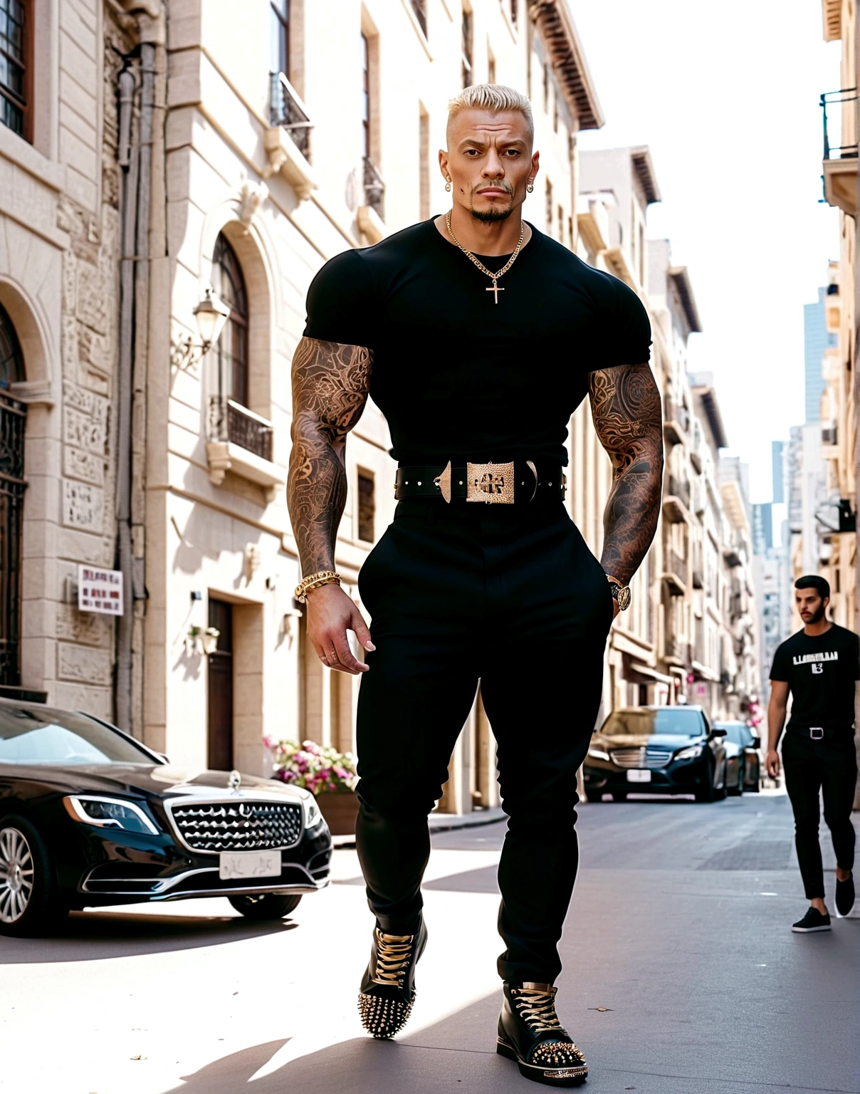 male、solo、short hair、Blonde、Short sleeve shirt、Black clothes、Cross Buckle Belt、Large buckle, Black trousers、thorny shoes、christian louboutin louis spikes, Spike sneakers, Black shoes, Muscular、Tattoo、Frowning、Gold Necklace、Chain Bracelet、Luxury Watches、Color Correction