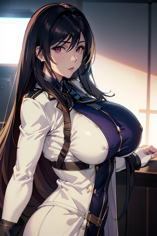 Tifa, ((masterpiece)), ((best quality)), (white long coat), coat on shoulders,white navy soldier uniform ,(epaulettes), purple shirt, blue pants, upper body, looking at viewer, large breasts ,(hd), (full body shot), (high resolution)