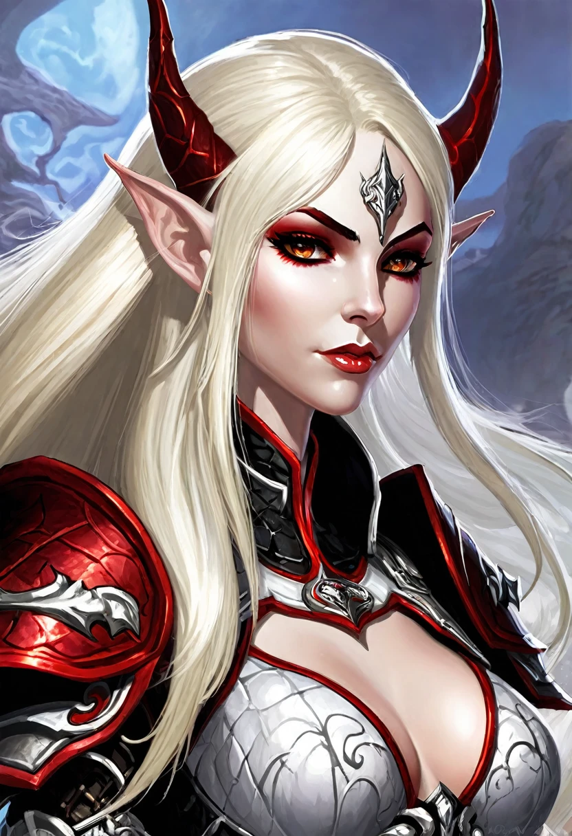 Everquest evil elf ,white eyebrows, eyelashes, curved mouth expression, smooth skin, long luscious platinum blonde hair, long detailed facialhair, full detailed body, detailed black red white Necromantic warrior armor, fantasy dungeon and dragons world