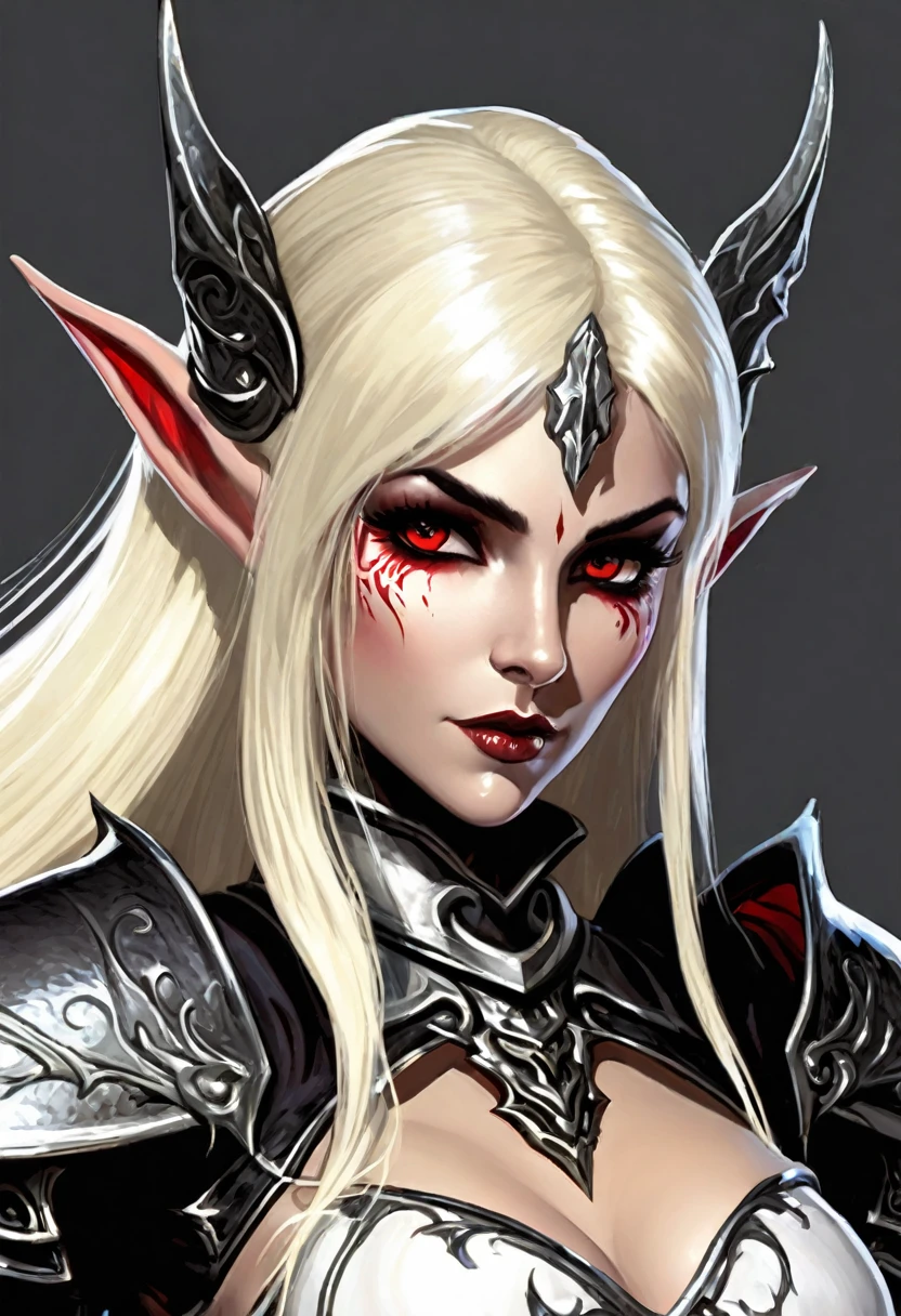 Everquest evil elf ,white eyebrows, eyelashes, curved mouth expression, smooth skin, long luscious platinum blonde hair, long detailed facialhair, full detailed body, detailed black red white Necromantic warrior armor, fantasy dungeon and dragons world