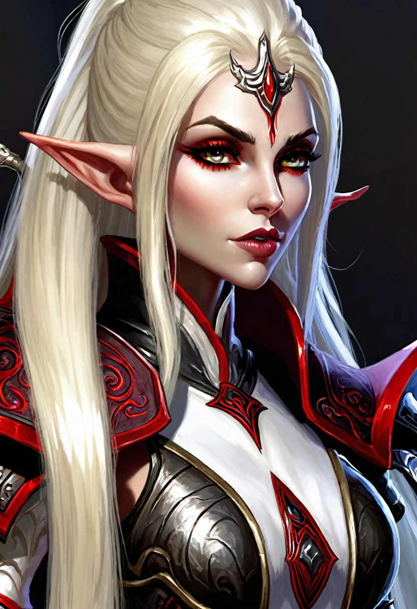 Everquest evil elf ,white eyebrows, eyelashes, curved mouth expression, smooth skin, long luscious platinum blonde hair, long detailed facialhair, full detailed body, detailed black red white Necromantic warrior armor, fantasy dungeon and dragons world