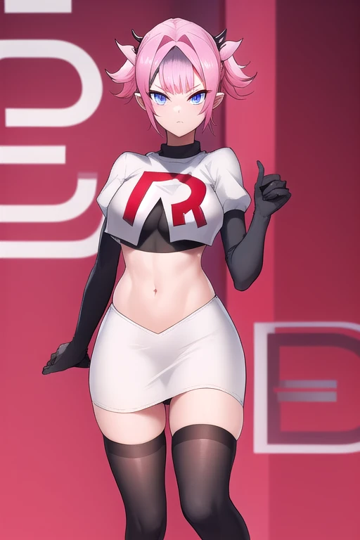 absurdres, best quality, androgynous, solo, looking at viewer,eye focus, TachibanaHinano, (short hair:0.75), medium , (split-color hair), blue eyes, hairclip, (messy hair:1), choker, (earrings:0.1), (sidelocks)
BREAK
pink hair, (swept bangs:0.25), sidelocks
BREAK
(blunt bangs:1), (sidelocks:1.5), team rocket,team rocket uniform,white skirt,red letter R,crop top,black thigh-highs,black elbow gloves