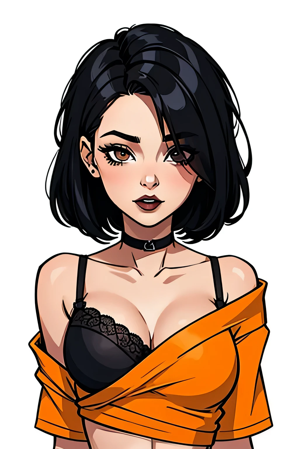 Amazing portrait of a cute goth woman with her short black hair in a bob hairstyle and she's wearing heavy eyeliner around her eyes and she's gazing at you seductively she wears an off shoulder t shirt that is orange and black with black bra straps 