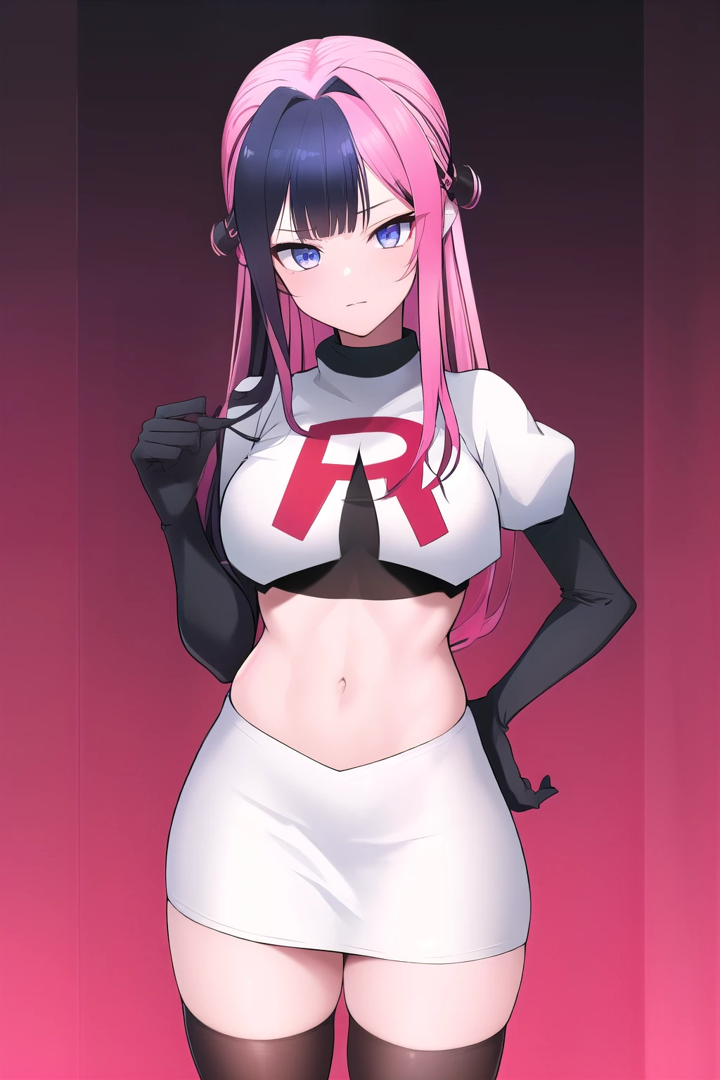 absurdres, best quality, androgynous, solo, looking at viewer,eye focus,  TachibanaHinano, (short hair:0.75), medium breasts, (split-color hair), blue eyes, hairclip, (messy hair:1), choker, (earrings:0.1), (sidelocks)
BREAK
pink hair, (swept bangs:0.25), sidelocks
BREAK
(blunt bangs:1), (sidelocks:1.5), team rocket,team rocket uniform,white skirt,red letter R,crop top,black thigh-highs,black elbow gloves