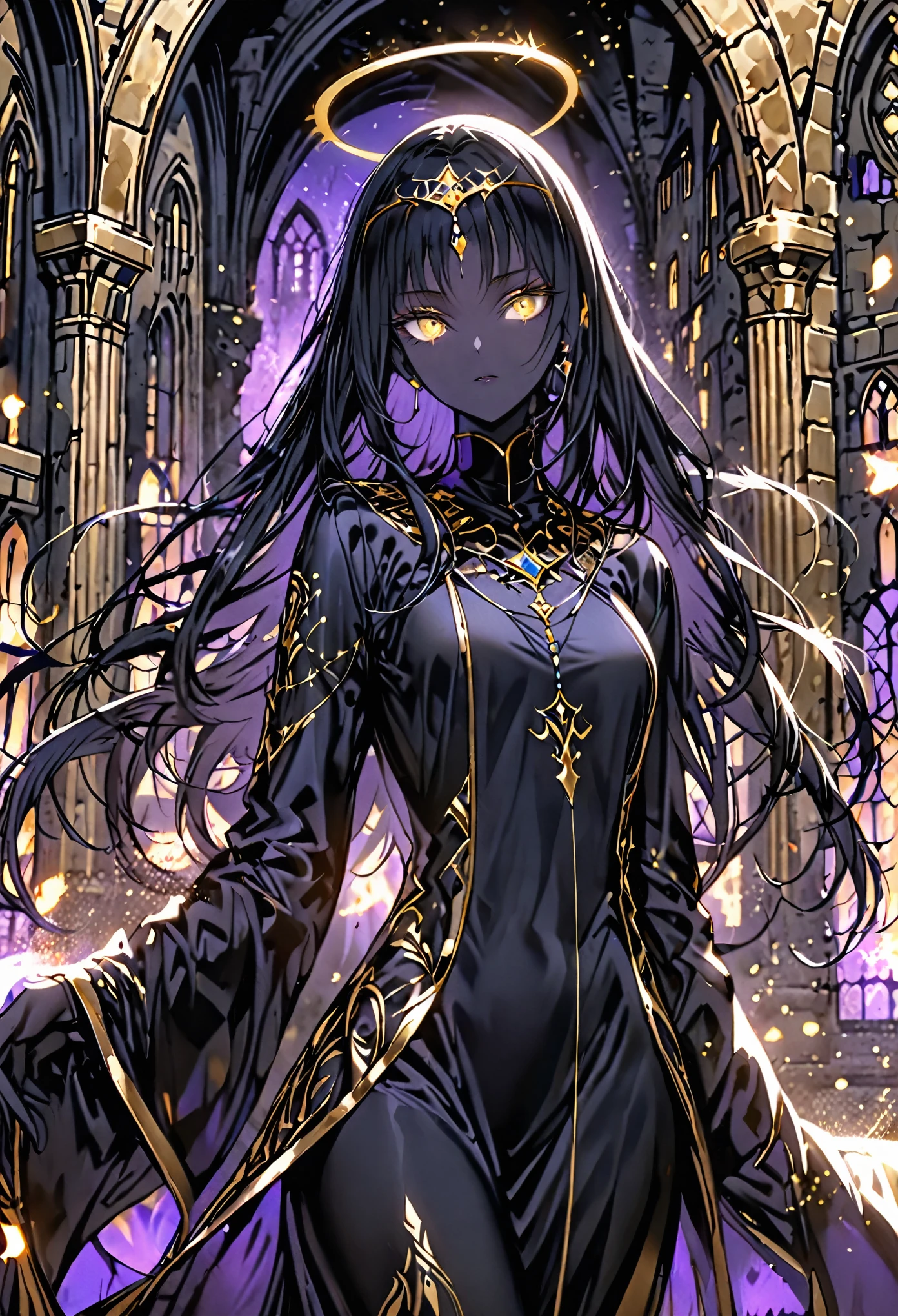 solo, female, medium shot, sfw, humanoid figure, slender, athletic build, 6 ft, dark obsidian black skin, extremely long silky black hair, straight and free-flowing hair, glowing gold eyes, large eyes, almond-shaped eyes, thick lashes, thin and arched eyebrows, intelligent, flowing robe, form-fitting robe, midnight-blue silk robe, modest clothes, feminine, silver pendant, timeless beauty, night, gold halo, abstract medieval architecture, magic, flowing sands of time, golden magic aura, tiara, jewelry, tall