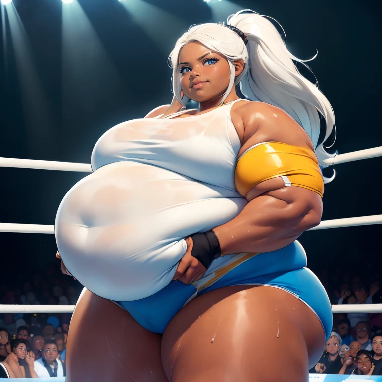 ((Dark skin)), ((dark skinned female)), ((brown skin)) ((giantess)), ((strongfat)), ssbbw, obese, ((strong arms)), ((white hair)), ((blue eyes)), ((tall)), (gentle smile), (wrestling gear), gigantic, insanely large belly, sweaty, subtle blush, (bare arms), ((gigantic biceps)), leotard, fingerless gloves, ((wrestling ring background)), clear face, large eyes, ((heavy shading on lower half of the body)), ((large bicep muscles)), ((looking down at viewer))