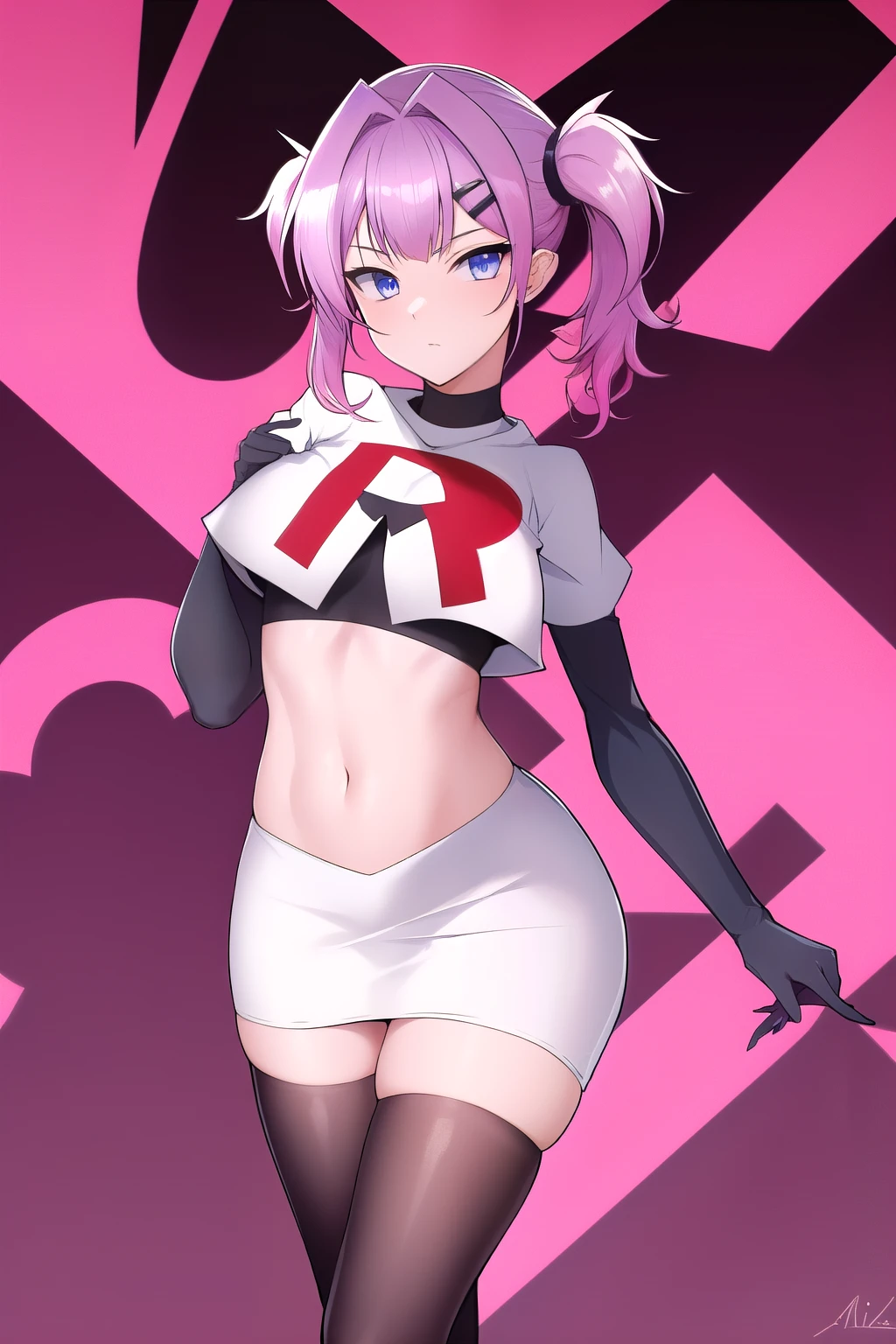 absurdres, best quality, androgynous, solo, looking at viewer,eye focus,  TachibanaHinano, (short hair:0.75), medium breasts, (split-color hair), blue eyes, hairclip, (messy hair:1), choker, (earrings:0.1), (sidelocks)
BREAK
pink hair, (swept bangs:0.25), sidelocks
BREAK
(blunt bangs:1), (sidelocks:1.5), team rocket,team rocket uniform,white skirt,red letter R,crop top,black thigh-highs,black elbow gloves
