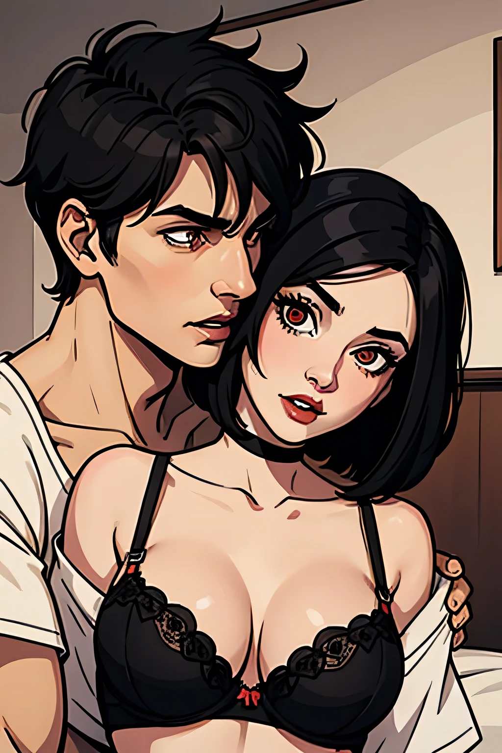Amazing portrait of a cute goth woman with her short black hair in a bob hairstyle with heavy eyeliner around her eyes wearing an off shoulder t shirt that is orange and black with black bra straps kissing and making out passionately with a shirtless boy on the bed in an intimate setting