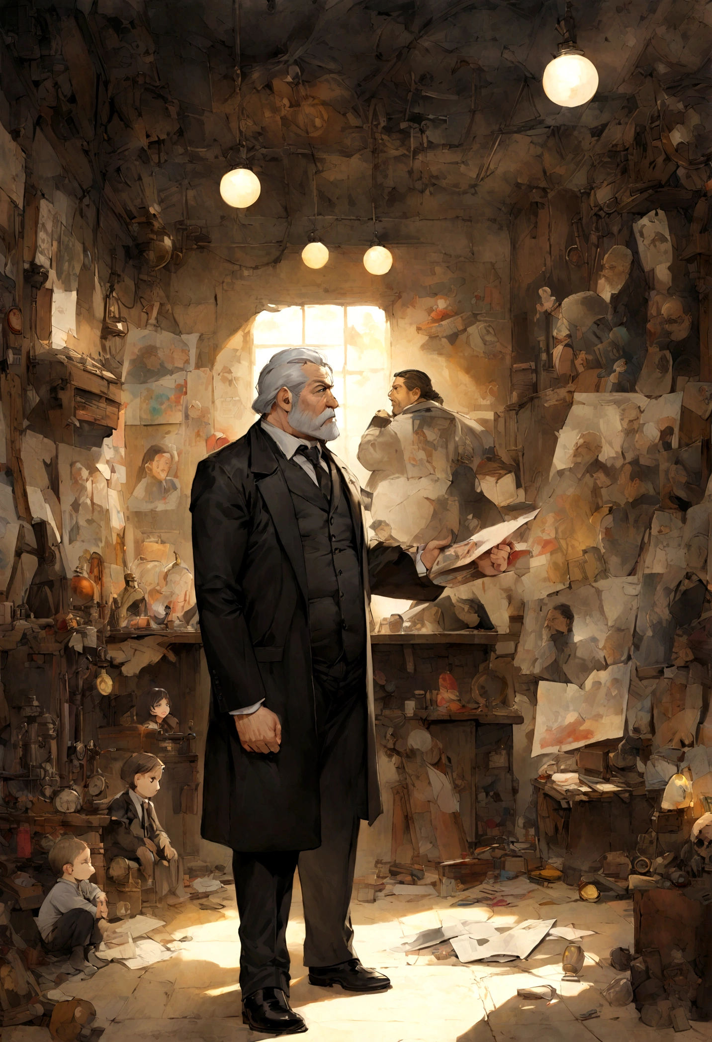 children's picture books,crayon paintings, side view full body shot 1 old man, fat, mafia boss, white beard , 45 years old, black expensive suite, white short hair, tattos, he is searching for papers with his wife who has black hair , black hair, inside mad sceintist secret rusty very old destroyed laboratory, german, steampunk, very dim light, side viewside viewside viewside viewside viewside view
