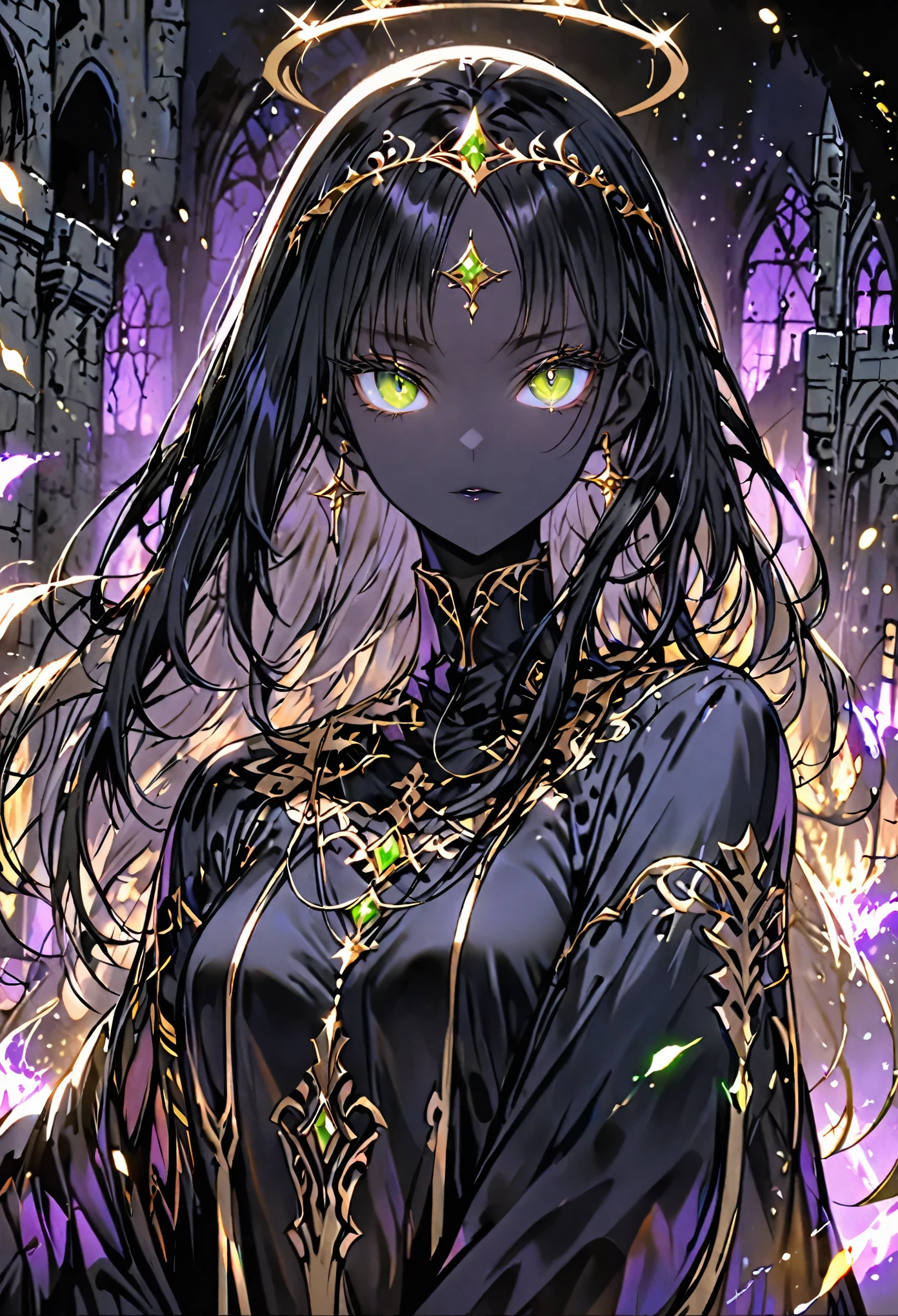solo, female, medium shot, sfw, humanoid figure, slender, athletic build, 6 ft, dark obsidian black skin, smooth skin, extremely long silky black hair, straight and free-flowing hair, glowing gold and green eyes, large eyes, almond-shaped eyes, thick lashes, thin and arched eyebrows, intelligent, flowing robe, form-fitting robe, midnight blue silk robe, modest clothes, feminine, silver pendant, timeless beauty, night, gold halo, medieval, magic, flowing sands of time, golden magic aura, tiara, close up, jewelry
