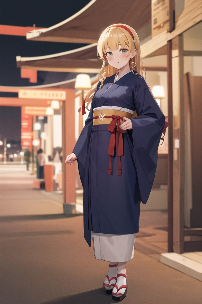 masterpiece, best quality, highres, sumire1, hairband, long hair, solo, , , red ribbon , medium breast, , blush, looking at viewer, , small breasts, perfect face,top-quality, ultra-quality, Highest Quality, on the night, realistic, cherry tree background, full hd, full body shot, kimono, on the festival