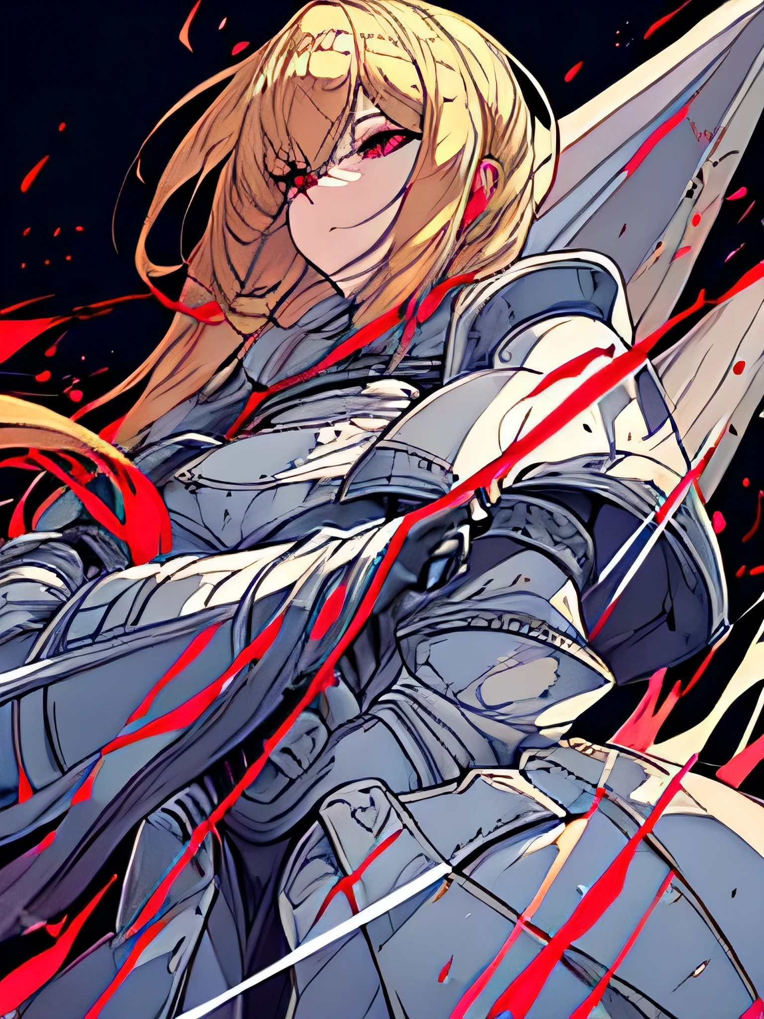 A woman with blonde hair and red eyes with sharp demon-like pupils. She would have been a paladin, so she wore white clothes, and a White Armor like a crusader in that style. She also has a huge sword the size of her own body and the art style would be Gregorian and dark souls style. Gothic art.

**Focus a lot on the eyes 