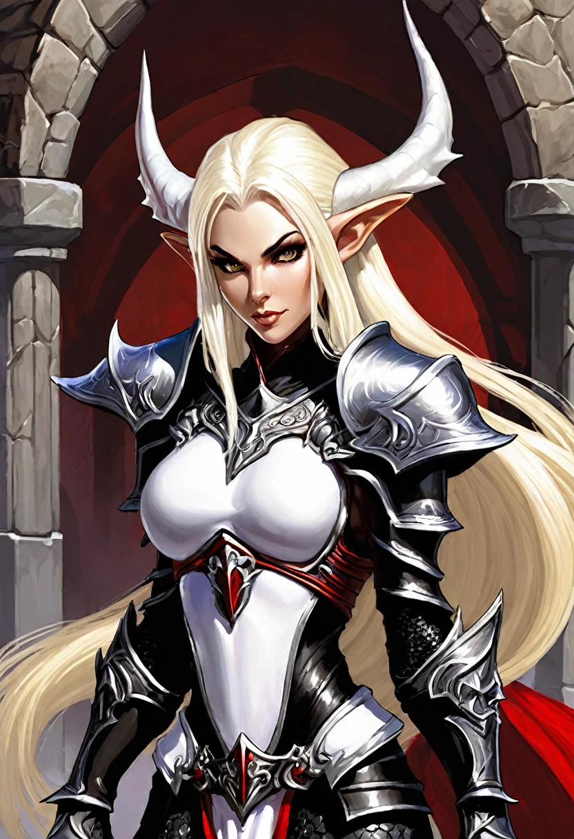 Everquest evil elf ,white eyebrows, eyelashes, curved mouth expression, smooth skin, long luscious platinum blonde hair, long detailed facialhair, full detailed body, detailed black red white shadow knight armor, fantasy dungeon and dragons world
