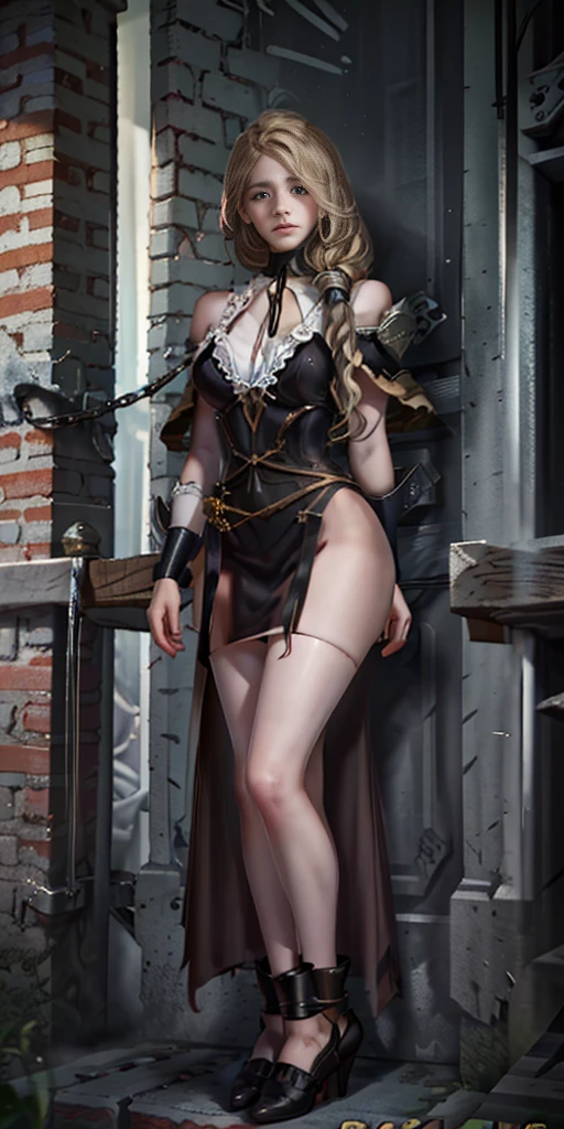 1girl, Mercedes von Martritz from Fire Emblem (masterpiece, best quality), intricate details, 1girl, 1girl in, age19, Solo, Long hair, Colossal, Looking at Viewer, blond hair, (standing full body toe to head by wooden pole:1.2) iron collar, arms behind back, iron cuffs, shackles, bound, harness, o-ring, happy red cheeks, chain leash collar choker neck bell shackles wristbands bracers bracelets, cleave gag, sad face, red cheeks, cryings tears, painful (she was sold and betrayed by her own family after been hitted on face) (inflammations swollen face 😢 💔 😞 😭)