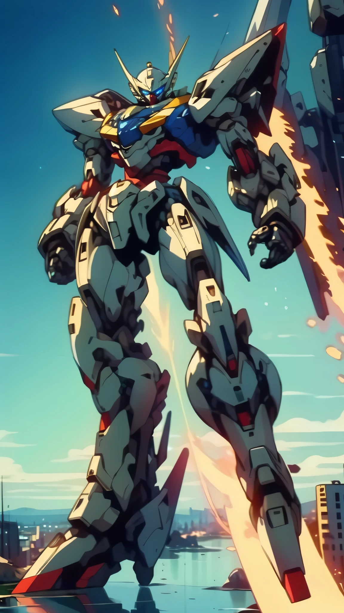 Humanoid Mecha, fully enclosed shoulder guards, matching arm and leg guards, full body, full armor, the design balances heavy with agility, (the color scheme is primarily white with red and blue accents, the concept Inspired by Super robot, organic biotech armor, standing, floating high above the futuristic sci-fi city), exquisite and mature art style, (aura effect, energy, glowing eyes, the armor glows), ((SRS)), metallic, dynamic, dramatic, high definition, best quality, highres, ultra-detailed, ultra-fine painting, extremely delicate, professional, perfect body proportions, anatomically correct, symmetrical face, extremely detailed eyes and face, high quality eyes, creativity, RAW photo, UHD, 32k, Natural light, cinematic lighting, masterpiece-anatomy-perfect, masterpiece:1.5