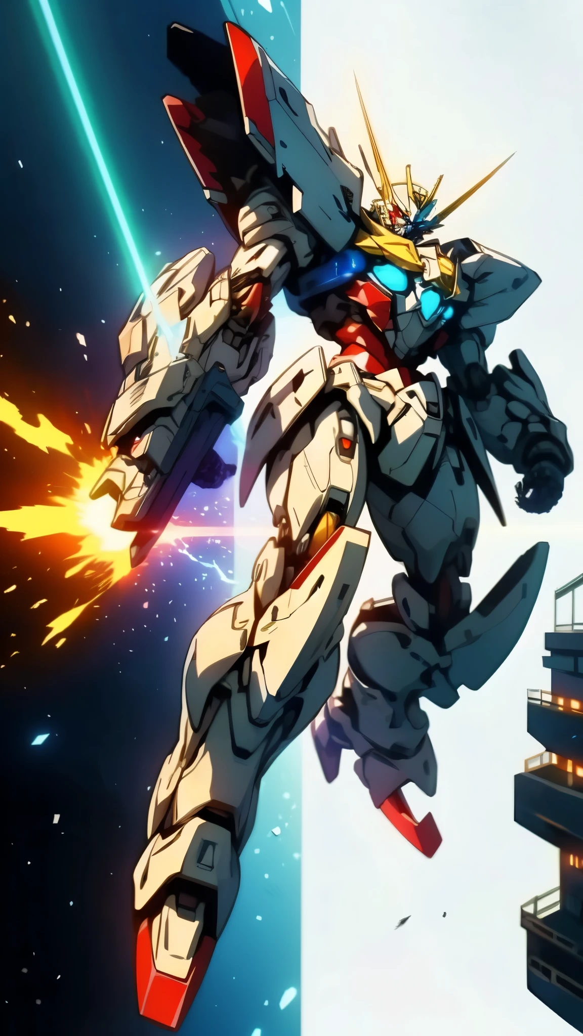 Humanoid Mecha, fully enclosed shoulder guards, matching arm and leg guards, full body, full armor, the design balances heavy with agility, (the color scheme is primarily white with red and blue accents, the concept Inspired by Super robot, organic biotech armor, standing, floating high above the futuristic sci-fi city), exquisite and mature art style, (aura effect, energy, glowing eyes, the armor glows), ((SRS)), metallic, dynamic, dramatic, high definition, best quality, highres, ultra-detailed, ultra-fine painting, extremely delicate, professional, perfect body proportions, anatomically correct, symmetrical face, extremely detailed eyes and face, high quality eyes, creativity, RAW photo, UHD, 32k, Natural light, cinematic lighting, masterpiece-anatomy-perfect, masterpiece:1.5