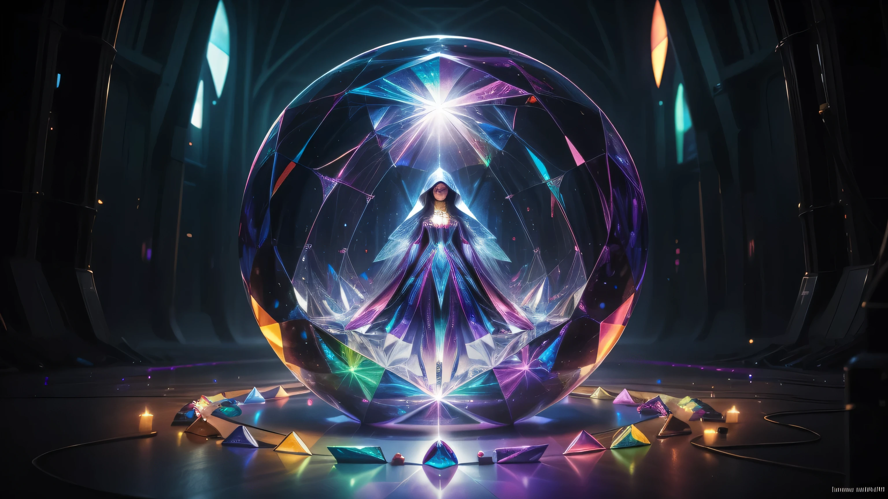 (masterpiece, top quality, best quality, official art, beautiful and aesthetic:1.2),(radial composition:1.2),(1 girl:1.2),upper body,a nun wearing a transparent hood rebe made of azure crystal,crystalline leggings,magic ball,(crystal church interior),arch,colorful glass,mirror floor reflection,(iridescent,vivid fancy neon color),symmetrical ballance,glowing rainbow color long hair,fantasy,ethereal,epic,(fractal),