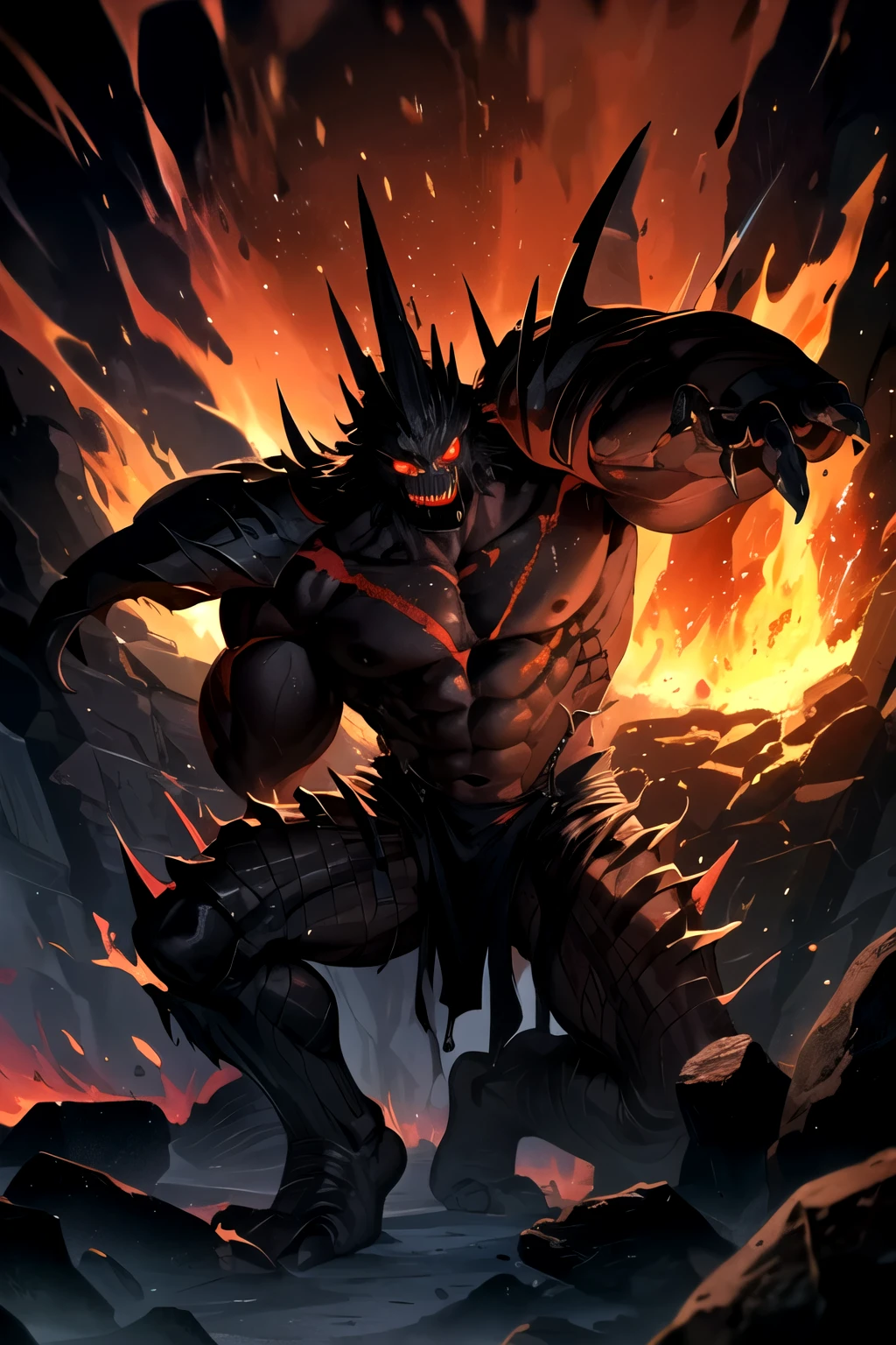 human monster of black color, sharp teeth and a tall, muscular body with scars on its body and covered in a black armor of osidian rock and molten lava at its joints, an all organic and grotesque being, nothing magical, all due to evolution.