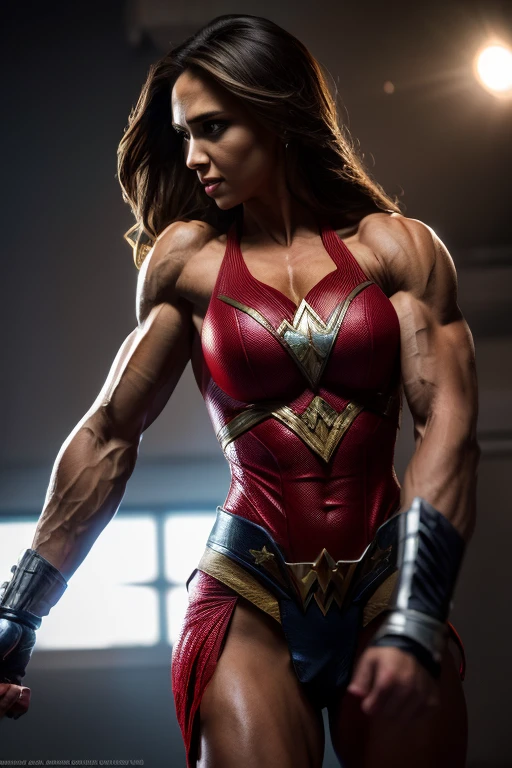 Scene from Movie, Jessica Alba is Wonder Woman from DC Close-Up, extremely muscular, bodybuilder veins, striated pecs, shredded abs, heavily muscular legs, prominent arm veins, Distorted Space, Distorted Undead in the Background, Lens Flares, Light Shafts, Intricate Details, High Detailed, Volumetric Lighting, 4k Rendering, Stock Photo, Hyper-Realistic, Realistic Textures, Dramatic Lighting, Unreal Engine