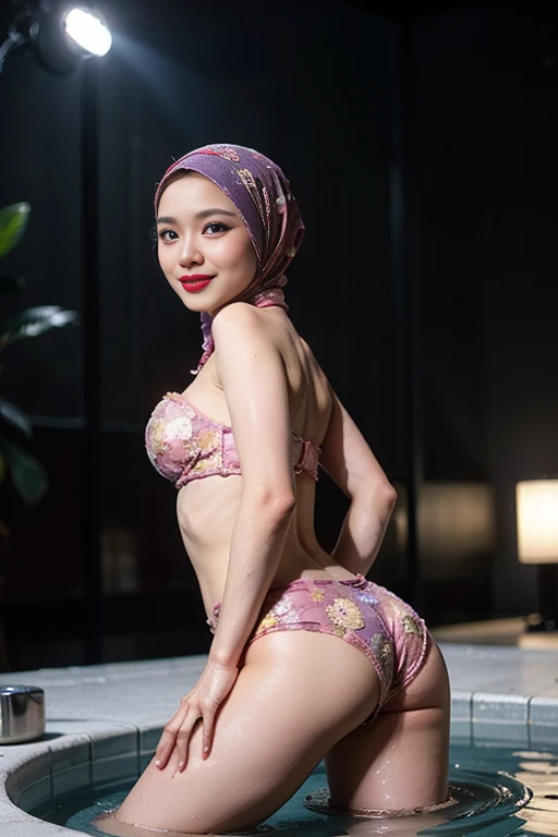 (((HIJAB))), (Happy smile), (((HIJAB MALAY GIRL))), masutepiece, High quality, UHD 32K, Realistic face, Realistic skin feeling , A Japanese Lady, , , Very cute and baby-like face, (((FLAT CHEST))), (Night time at forest), ((look In front at the camera and SADNESS)), ((())), (((CUTE GIRL))), ((RED LIPS)), ((Floral Pattern)) little wearing strapless bra, strapless colorful bra, dark night background , black forest night, horror scary place (from behind up) seductive pose, visible pussy with clean shave, skinny girl, visible pusssy with clean shave, wear gold necklace, visible pussy, Pierced nipples, pierced belly, no panty, no bush, no bush hair, bathing bucket water, Low cut blouse, low cut cleavage, perky nipples, no clothes, bathing, bubble butt, bubble hips, round backside , big booty, young 18 year old