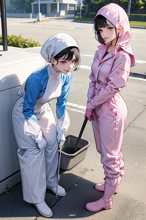 Wearing large pink rubber gloves, white rubber boots and a white cloth wrapped around her head、Two black-haired mature women in blue long-sleeved jumpsuits cleaning a dirty public toilet in a park with a gentle smile