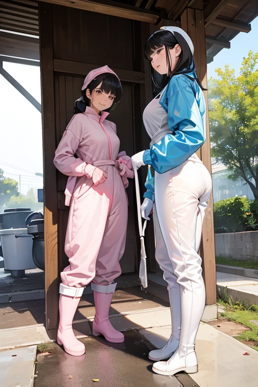 Wearing large pink rubber gloves, white rubber boots and a white cloth wrapped around her head、Two black-haired mature women in blue long-sleeved jumpsuits cleaning a dirty public toilet in a park with a gentle smile