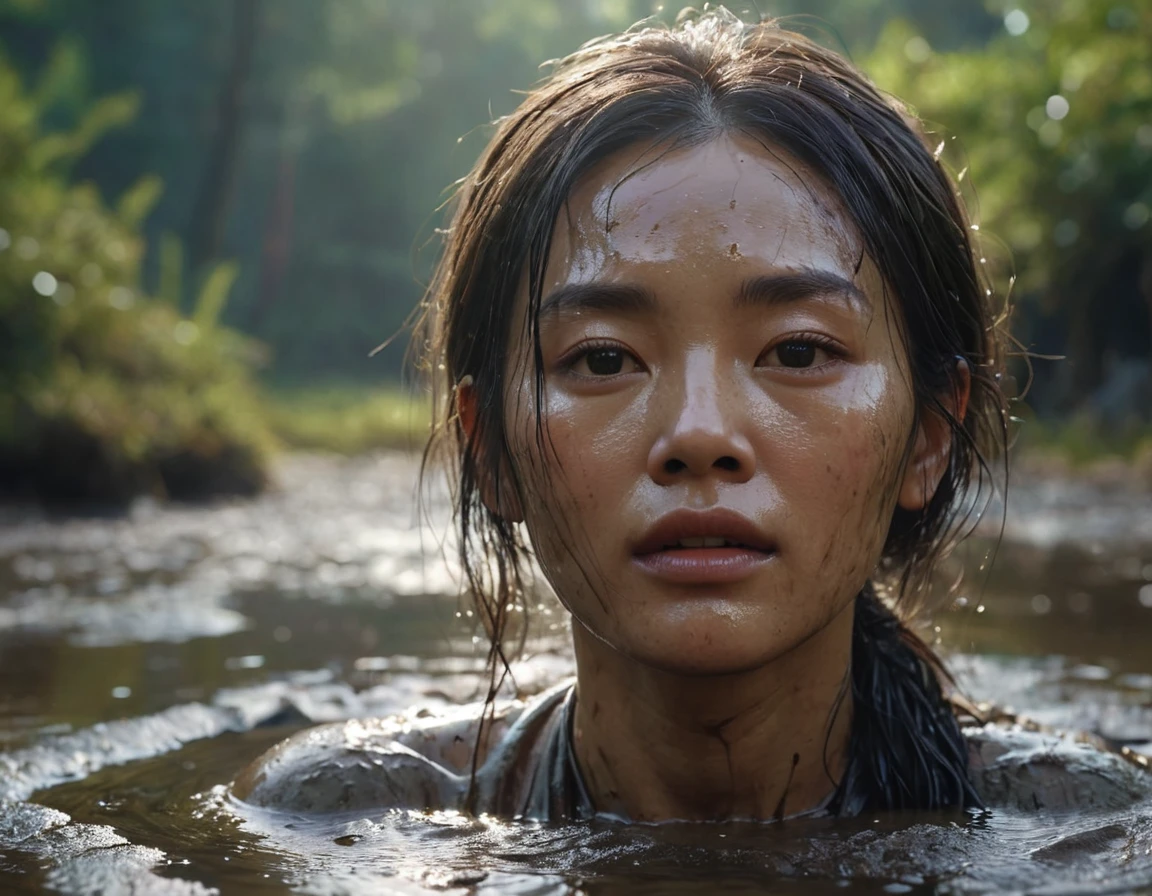 a woman's head drowned in a muddy bog, from afar view:1.0, asian facial features, orgasmic facial expression, losing control, (best quality,4k,8k,highres,masterpiece:1.2),ultra-detailed,(realistic,photorealistic,photo-realistic:1.37),HDR,UHD,studio lighting,ultra-fine painting,sharp focus,physically-based rendering,extreme detail description,professional,vivid colors,bokeh,dark fantasy,dramatic lighting,cinematic