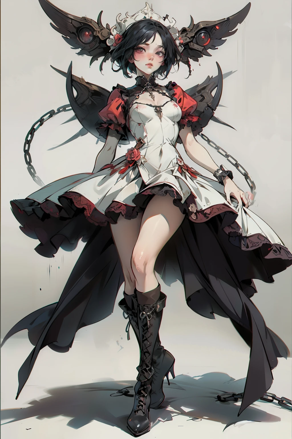 ((best quality)), ((masterpiece)), (detailed), a penitent female, blank white background, plain background, white background, red and white clothing, Bloodborne aesthetic, occult aesthetic, occult, occult paraphernalia, detailed and intricate steampunk and detailed gothic, NSFW, Very dramatic and cinematic lighting, cosmic horror, grim-dark, side-lighting, perfect face, NSFW, Fluttering lace flared dress with frilly petticoats, pleated petticoats, petticoats, complex lace boots, side-lighting, gothic aesthetic, chains, mechanical components, carbine, NSFW, beautiful small breasts, small breasts, full body, whole body, body, plain background, white background, blank background, no background, white background NSFW, full body, whole body, head-to-toe dynamic poses NSFW
