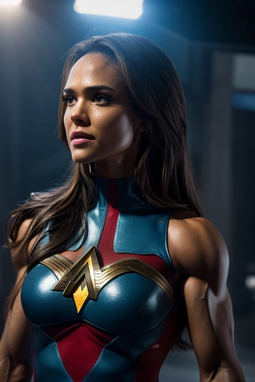 Scene from Movie, Jessica Alba is Wonder Woman from DC Close-Up, extremely muscular, bodybuilder veins, striated pecs, shredded abs, heavily muscular legs, prominent arm veins, Distorted Space, Distorted Undead in the Background, Lens Flares, Light Shafts, Intricate Details, High Detailed, Volumetric Lighting, 4k Rendering, Stock Photo, Hyper-Realistic, Realistic Textures, Dramatic Lighting, Unreal Engine