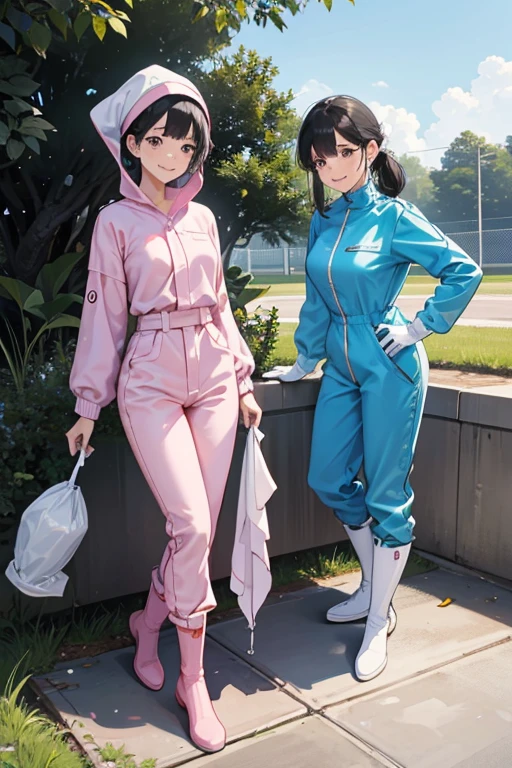Wearing large pink rubber gloves, white rubber boots and a white cloth wrapped around her head、Two black-haired mature women in blue long-sleeved jumpsuits cleaning a dirty public toilet in a park with a gentle smile