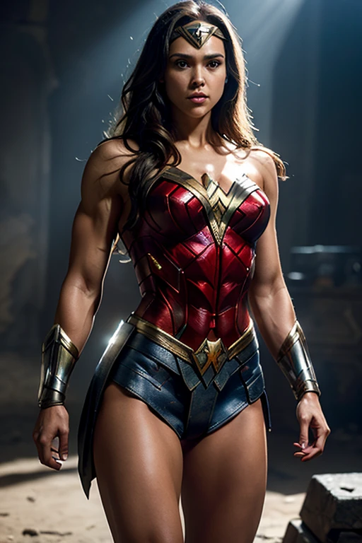 Scene from Movie, Jessica Alba is Wonder Woman from DC Close-Up, extremely muscular, bodybuilder veins, striated pecs, shredded abs, heavily muscular legs, prominent arm veins, Distorted Space, Distorted Undead in the Background, Lens Flares, Light Shafts, Intricate Details, High Detailed, Volumetric Lighting, 4k Rendering, Stock Photo, Hyper-Realistic, Realistic Textures, Dramatic Lighting, Unreal Engine