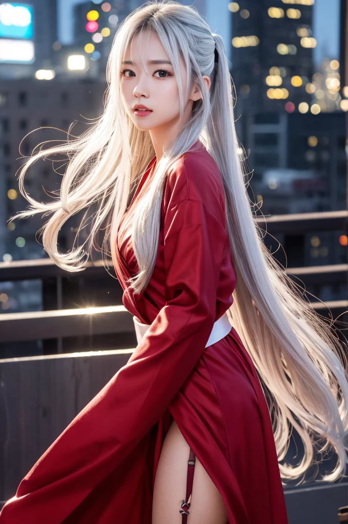 highest quality、8k Masterpiece、超A high resolution、(Photorealistic:1.3)、RAW Photos、1 girl、Silvery white shiny super long hair、Glowing Skin、samurai、Ninja、((Ultra-Realistic Details))、Portrait、Global Illumination、Shadow、Octane Rendering、8k、Super sharp、Beautiful breasts、Metal、Cold colors、、Very intricate details、Realistic Light、CGSoation Trend、Beautiful Eyes、Shining Eyes、To the camera、Neon Details、20age、Too beautiful face、Intelligence、Obscene、sexy、Moe、Rin、whole body、Healthy Body、Manhattan at night in the background、Helipad on a high-rise building、love、Charm、mischievous、Future、白いbattle服、Wearing a red robe、Short knife、Jedi Knight、battle、Overbearing、Realistic photos、Realistic facial features、Super long silvery white hair fluttering in the wind、Realistic costumes、garter belt、A more realistic and beautiful Japanese person、ponytail、wide shot、full body、Black boots、Squint slightly、Lively、Active、Panoramic view of buildingake your nose a little bigger
