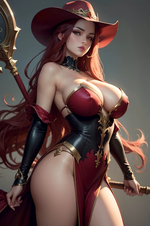 (masterpiece, best quality:1.2), 1girl, solo, sorceress, dragons crown, red eyes, long hair, red hair, hat, dress, large lips, staff, detached sleeves, bare shoulders, cleavage, side slit, strapless dress, (huge breasts:1.3), blank background, black background