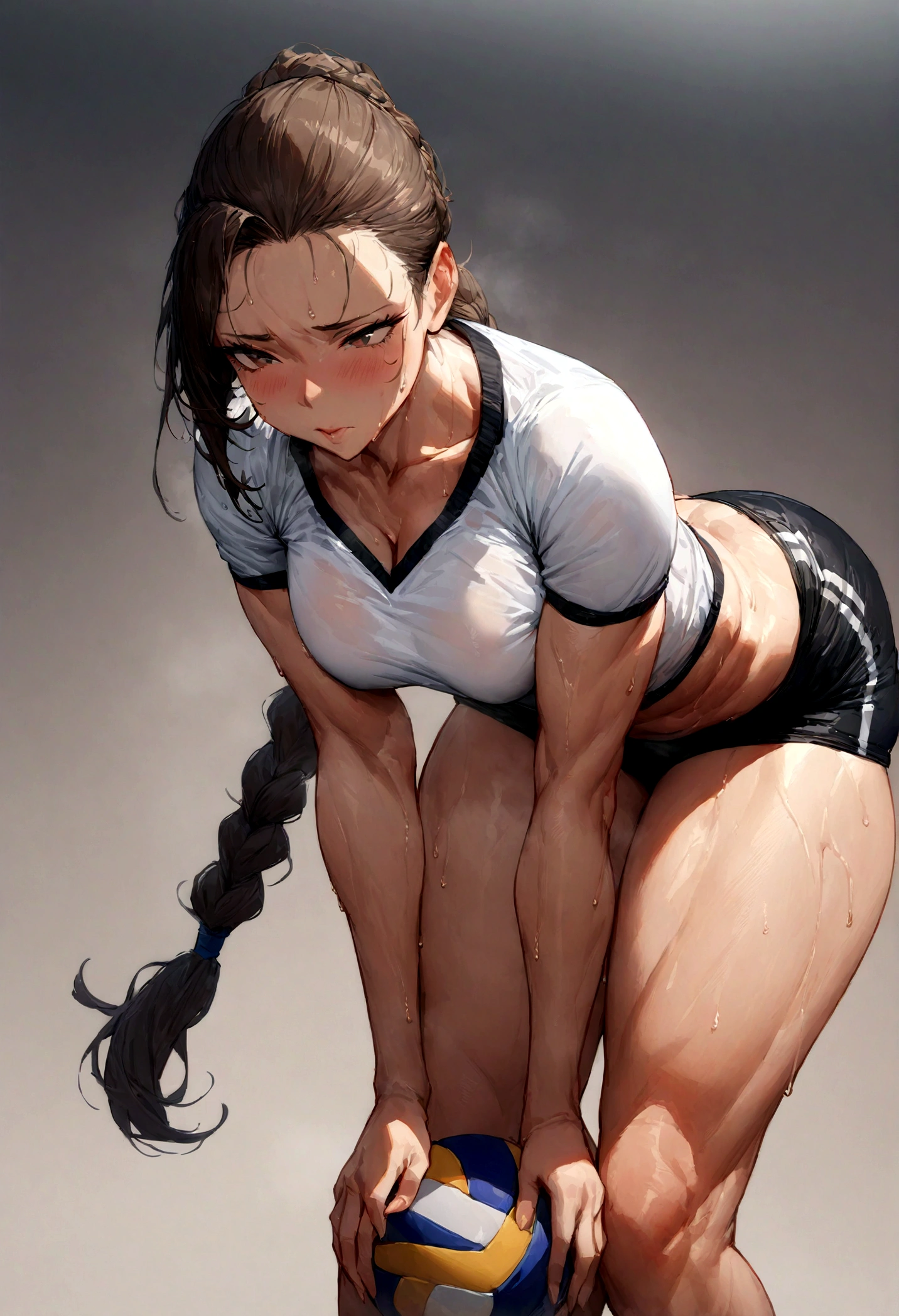 (((Masterpiece, highest quality, high definition, high detail)))), Beautiful female muscular jacked volleyball player. She leans forward and places her hands on her knees. She has just plated several hard rounds of volleyball and sweat glistens and occasionally drips from her body. Her hair is pulled back in a long braid, Her shirt clings to her fit yet curvaceous body. Her shorts are the style of traditional girls volleyball and perfectly compliment her muscular yet supple thighs and perfectly rounded backside. She learns away from the camera. She looks exhausted, but she also appears determined and confident. She is an inspiration of both athleticism and femininity. Sexy, hot, seductive, skin tight.