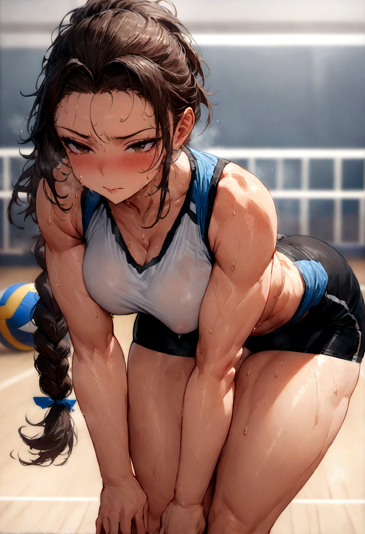 (((Masterpiece, highest quality, high definition, high detail)))), Beautiful female muscular jacked volleyball player. She leans forward and places her hands on her knees. She has just plated several hard rounds of volleyball and sweat glistens and occasionally drips from her body. Her hair is pulled back in a long braid, Her shirt clings to her fit yet curvaceous body. Her shorts are the style of traditional girls volleyball and perfectly compliment her muscular yet supple thighs and perfectly rounded backside. She learns away from the camera. She looks exhausted, but she also appears determined and confident. She is an inspiration of both athleticism and femininity. Sexy, hot, seductive, skin tight.