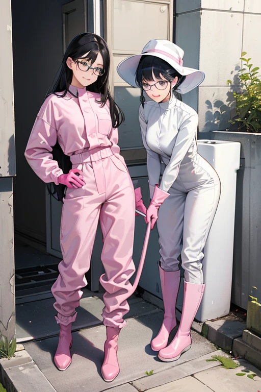 Wearing large pink rubber gloves, white rubber boots and a white cloth wrapped around her head、Two black-haired, bespectacled mature women in blue long-sleeved jumpsuits cleaning a dirty public toilet with a gentle smile