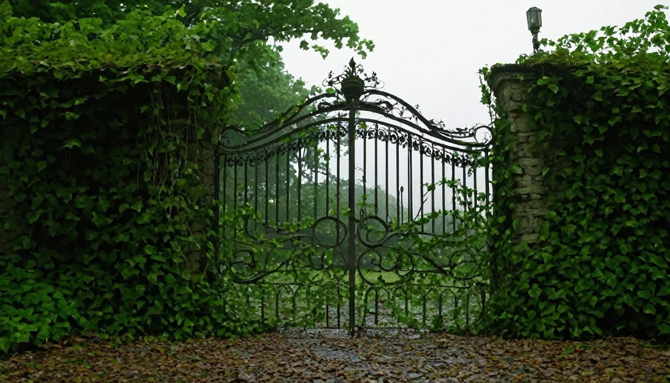 A low-angle shot of a rusty iron gate, overgrown with creeping vines. A woman's hand, possibly named Emily, reaches down to push the gate open with a loud creak. As the gate swings open, reveal a wide shot of a towering convent in the background. The imposing structure is built of weathered stone, its walls covered in thick ivy. Dark windows stare blankly outwards, hinting at the emptiness within. An overcast sky hangs heavy, casting muted light and rolling fog across the scene. The sound of crunching gravel accompanies Emily's footsteps as she enters the grounds. Distant cawing crows add to the eerie atmosphere.